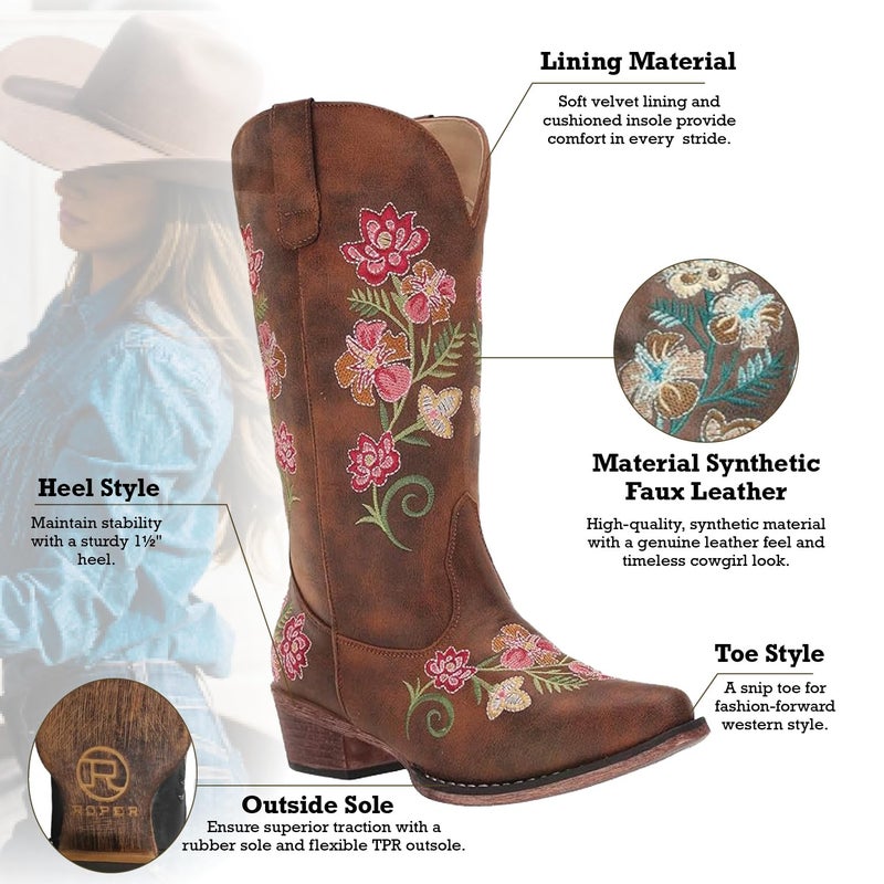 Roper Womens Riley Floral Boot, Tan, 9 - Image 2